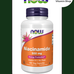 NOW Niacinamide 500mg, 100 capsules bottle - front view with clear label