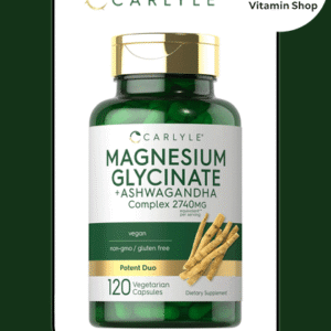 Carlyle Magnesium Glycinate with Ashwagandha 2740mg 120 Capsules bottle, front view with clear label.