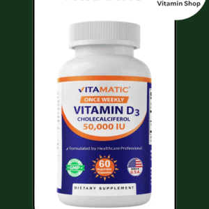 "Vitamatic Vitamin D3 50,000 IU 60 Veggie Capsules Bottle": Clear, descriptive, and includes brand, dosage, form, and quantity.