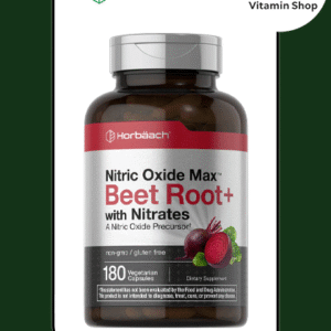 "Horbaach Nitric Oxide Beet Root 180 Capsules Supplement Bottle": Clear, descriptive, and includes brand, key ingredients, and quantity.