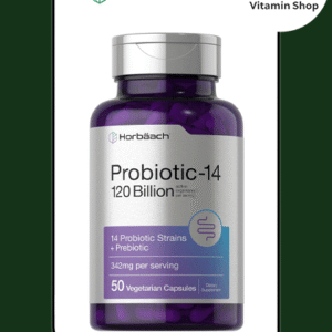 "Horbaach Probiotics 120 Billion CFU 14 Strains 50 Capsules Bottle": Comprehensive, including brand, potency, strain count, and quantity.