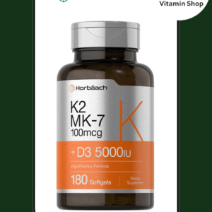 "Horbaach Vitamin D3 K2 5000 IU 100mcg MK-7 180 Softgels Bottle": Clear, descriptive, and includes brand, all key components, dosage, and quantity.